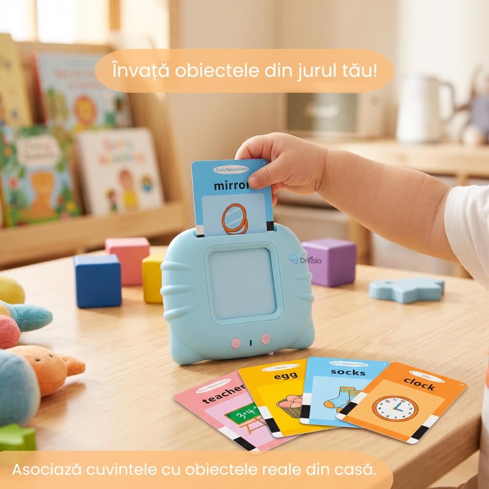 Jucarie Educativa Interactiva pentru Copii, Cititor Carduri cu 224 Cuvinte in Engleza, Invatare prin Joaca, Vocabular, Animale, Fructe, Masini, Reincarcabil USB, Albastru / Roz