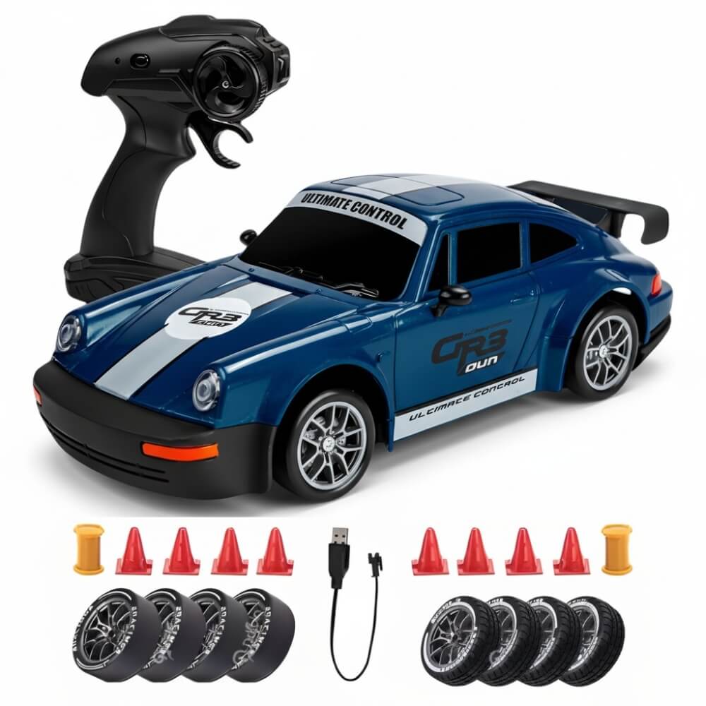 Masinuta cu Telecomanda, Porsche Vintage RC Drift Car, 1:24, 2.4GHz, 20 km/h, Tractiune Integrala, 2 Seturi Anvelope (Speed & Drift), Obstacole Incluse, Baterie Reincarcabila, Albastru