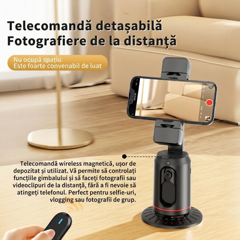 Suport Telefon Gimbal AI cu Urmarire Faciala Automata, Rotire 360, Lumini LED Fill Light, Bluetooth 5.2, Stabilizator Vlog & TikTok, Negru