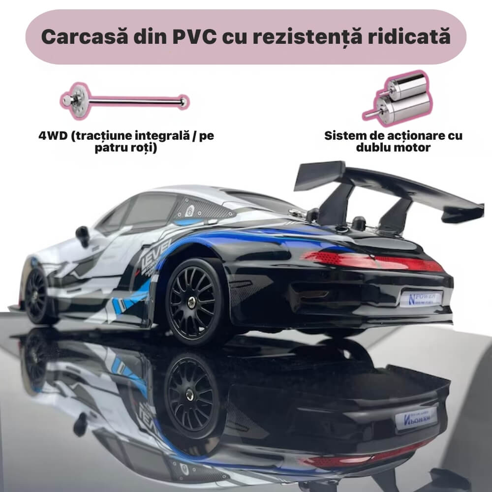 Masina cu Telecomana RC Porsche, Drift Car 1:24, 4WD, 20 km/h, LED, 2 Seturi Anvelope Drift & Racing, Varsta 7+, Alb
