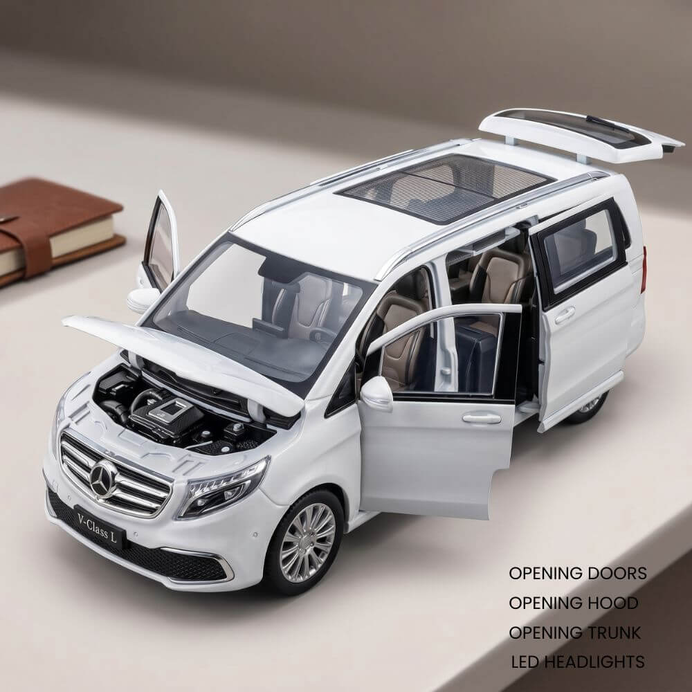 Masinuta Metalica Mercedes Vito, Scara 1:24, Usi si Portbagaj Mobile, Lumini Xenon, Sunete Claxon, Cadou Baiat, Alb