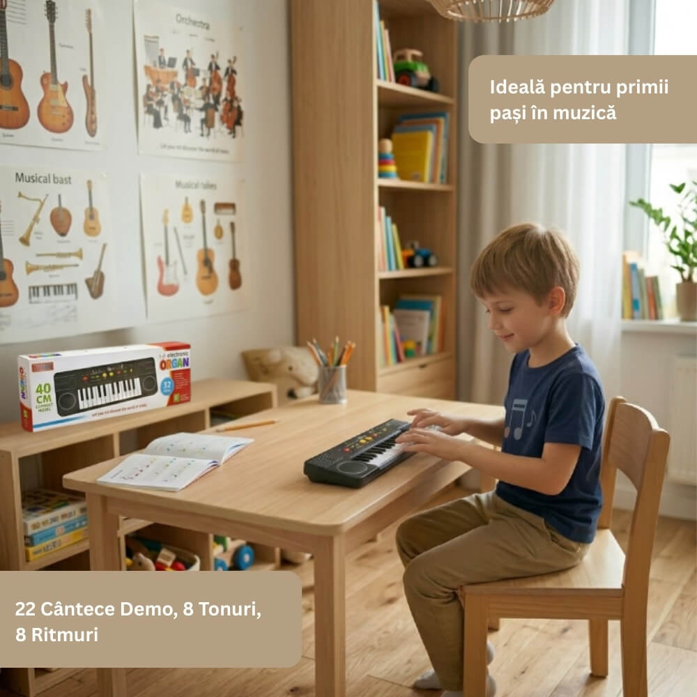 Orga Electronica pentru Copii, Pian cu Microfon, 32 Clape, 40 cm, Jucarie Muzicala Educativa cu Ritmuri si Sunete, Negru