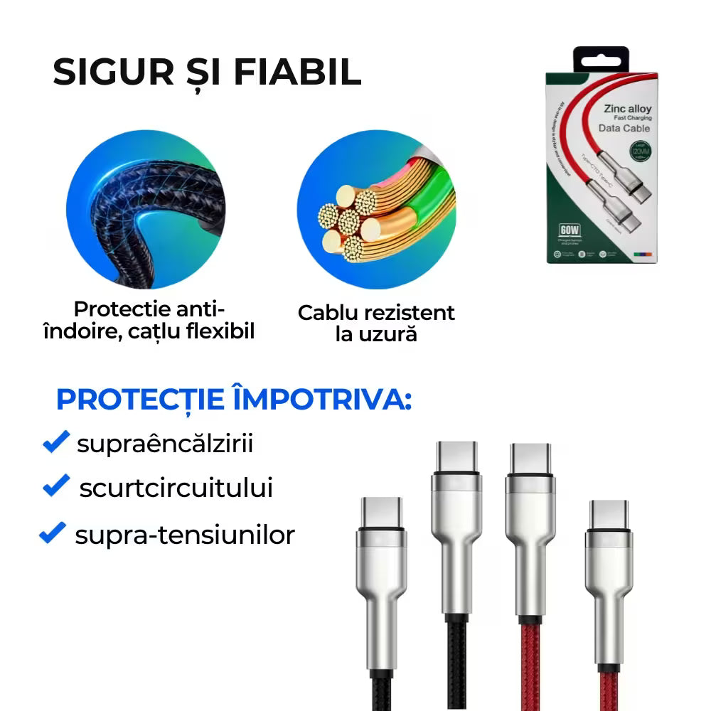 Cablu de Date si Incarcare Rapida Type-C la Type-C, Putere 60W, Lungime 1.2m, Textil Flexibil Rezistent, Conectori Aliaj Zinc