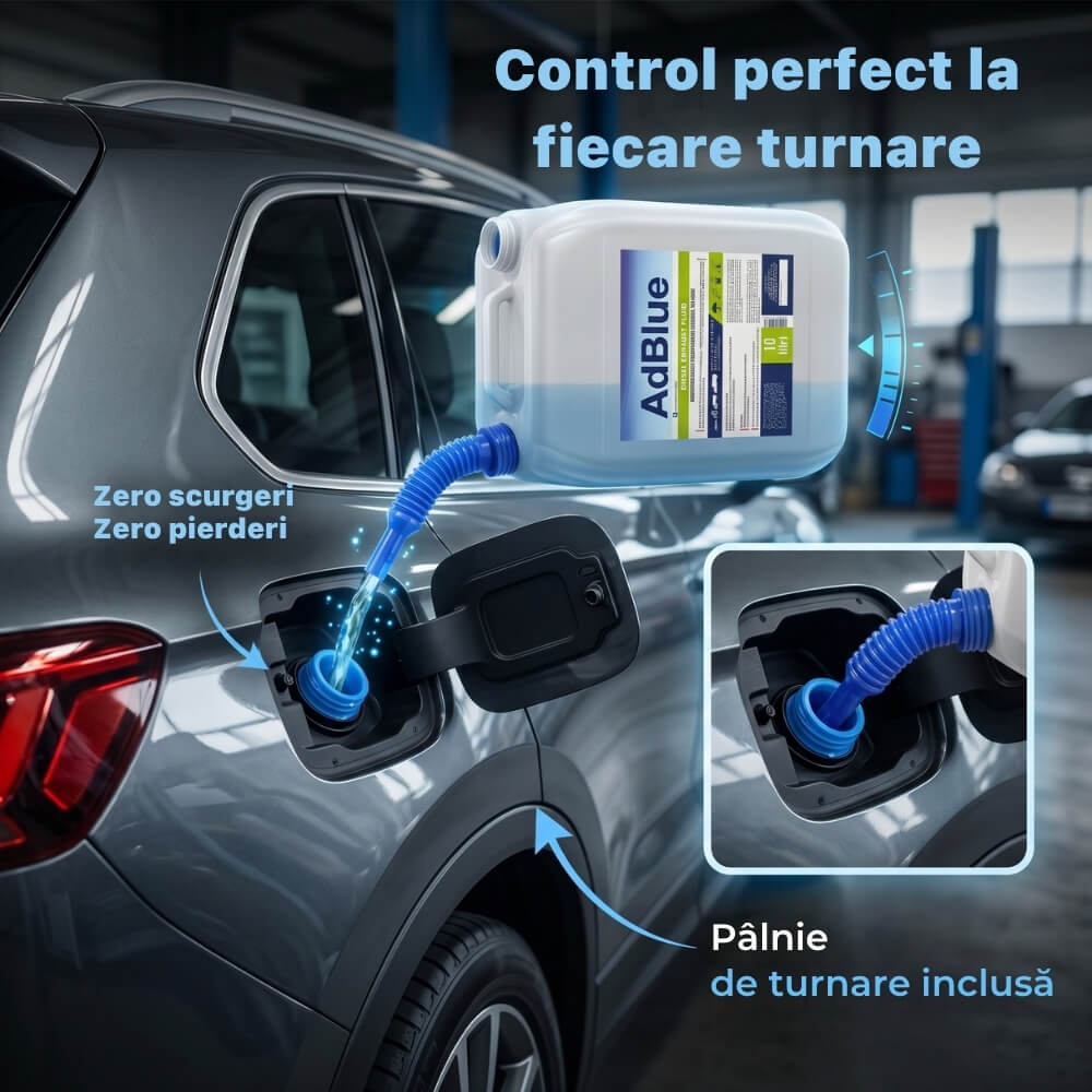 Solutie AdBlue® 10 Litri cu Palnie de Turnare, pentru Motoare Diesel Euro 4/5/6, Fabricat in Romania