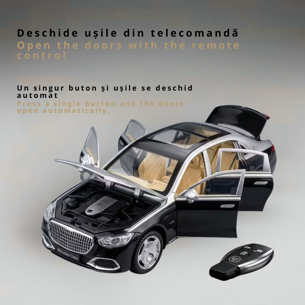 Masina Metalica Mercedes Maybach S-Class Scara 1:24, Telecomanda Tip Cheie, Deschidere Electrica Usi, Capota si Portbagaj Functionale, Lumini, Sunete, Cadou Colectionari, Negru/Argintiu
