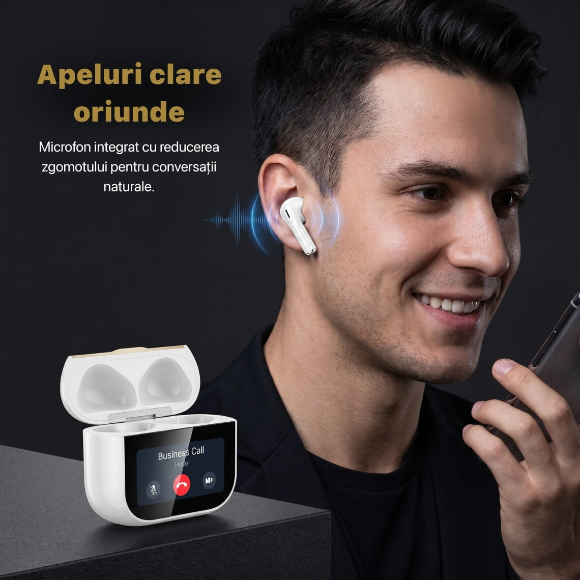 Casti Wireless Bluetooth 5.4 cu Display, Microfon Incorporat, Casti Fara Fir pentru Android si iOS, Control Tactil, Incarcare Type-C, Alb.