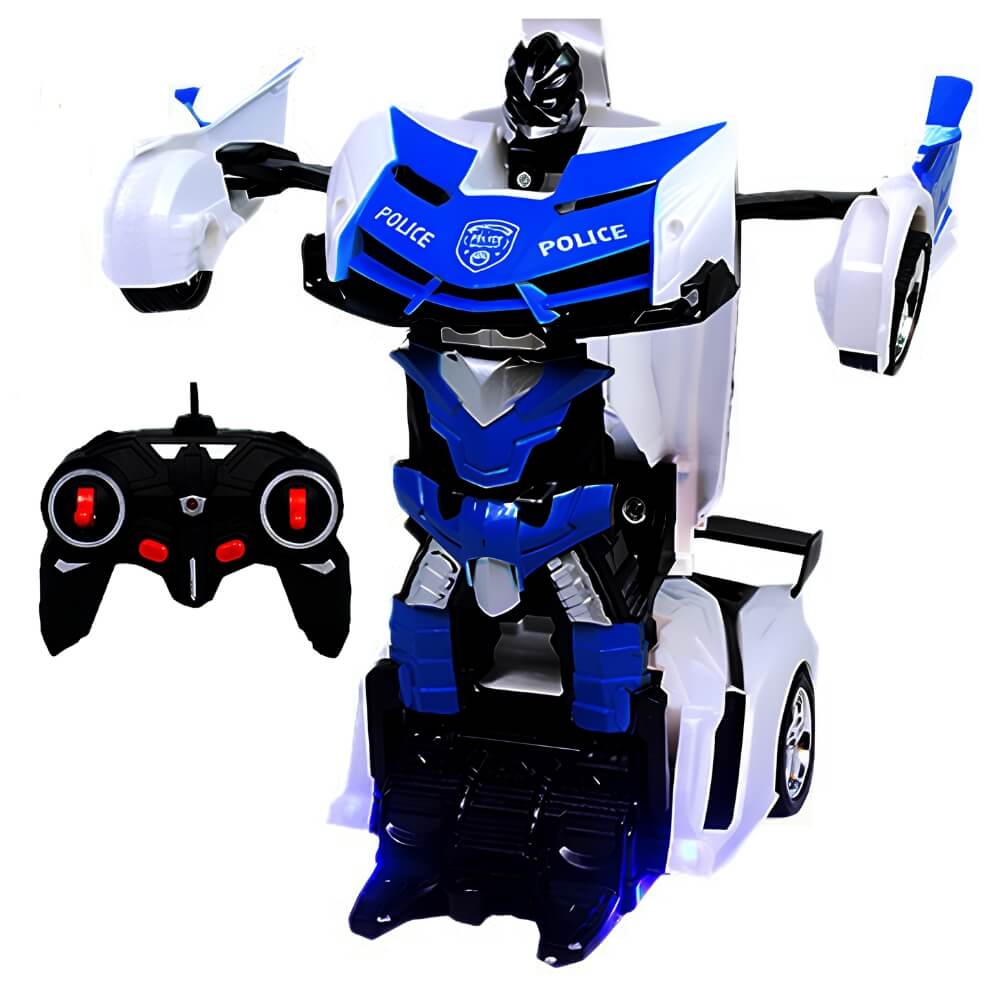 Masinuta de politie cu telecomanda, transformare automata in robot, lumini si sunete, 24 cm, jucarie interactiva pentru copii, Alb/Albastru