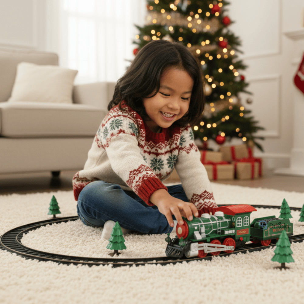 Tren de Craciun Jucarie cu Mos Craciun și Reni, 28 Piese, Lumini și Sunet, Rosu