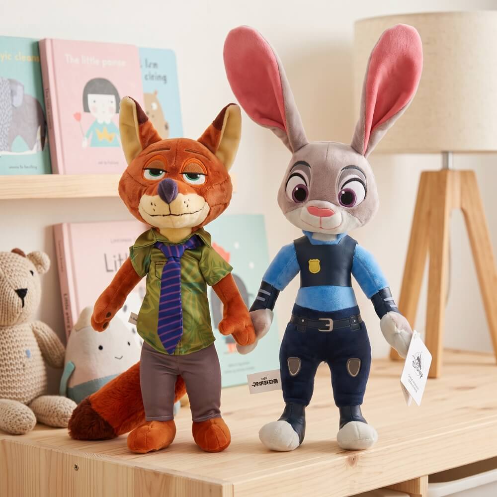 Set 2 Jucarii Plus Zootopia, Judy Hopps 38 cm si Nick Wilde 38 cm, Personaje Disney, Cadou pentru Copii, Albastru si Maro