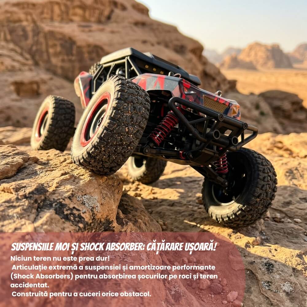 Masina cu telecomanda profesionala Adventurer, Off-Road 4x4 (4WD), Scara 1:16, Viteza 40 km/h, Suspensii Metalice independente, Motor Brushed, Lumini LED,Control 2.4GHz,Rosu-Negru