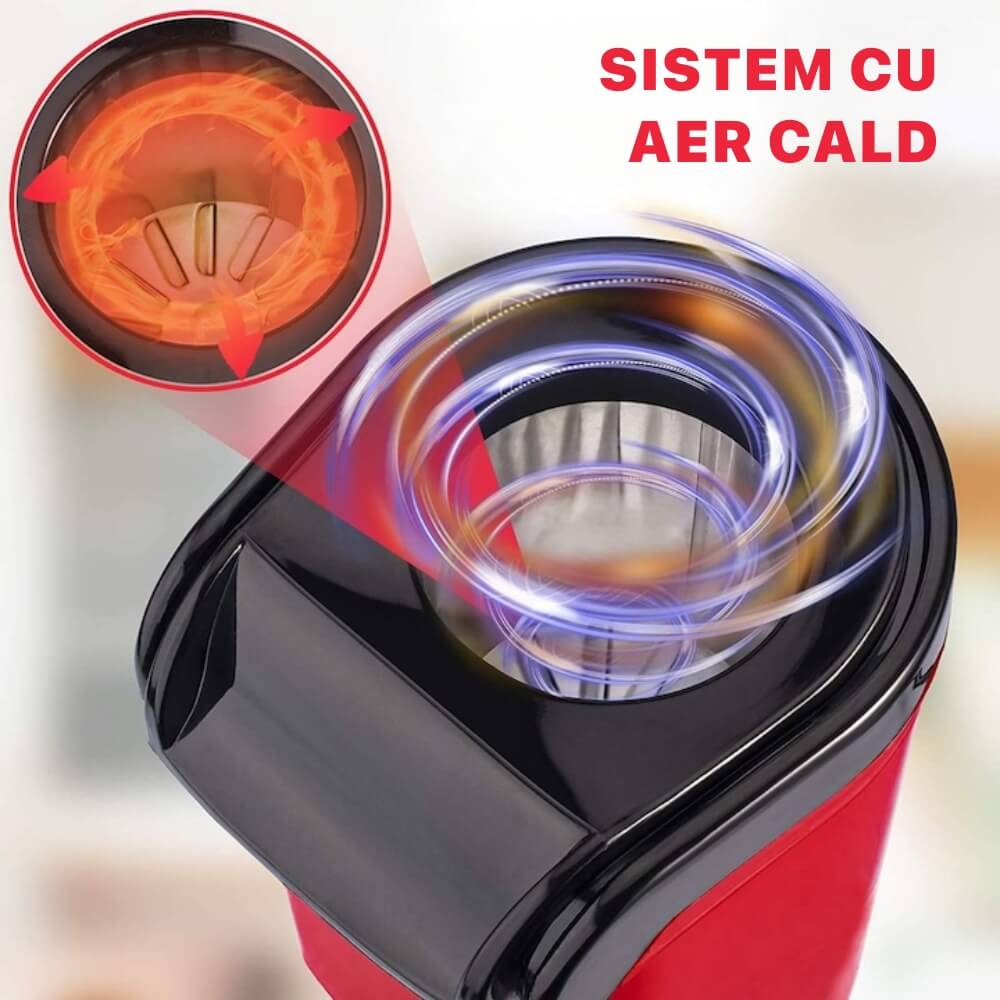 Aparat cu Aer Cald de facut Popcorn DigikalaX®, fara Ulei, 3min Preparare 1200W, Recipient dozator Boabe, Rosu