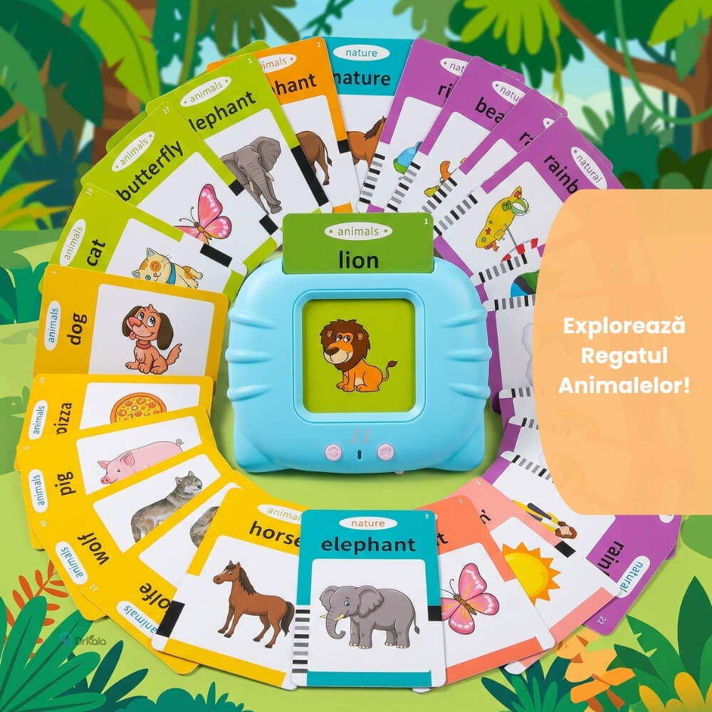 Jucarie Educativa Interactiva pentru Copii, Cititor Carduri cu 224 Cuvinte in Engleza, Invatare prin Joaca, Vocabular, Animale, Fructe, Masini, Reincarcabil USB, Albastru / Roz