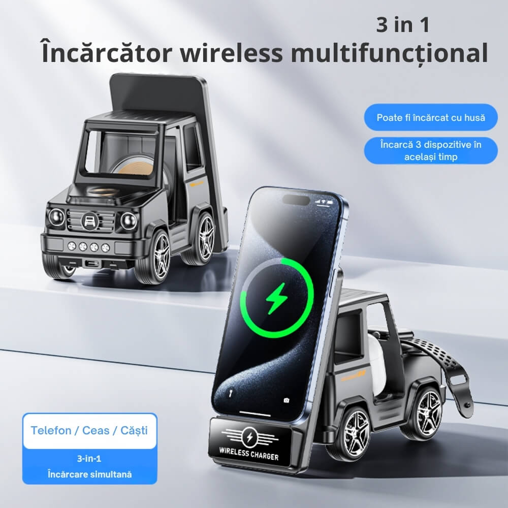Incarcator Wireless DigikalaX®Qi, Model G-Wagon Design, Statie de Incarcare 3 in 1, Functie Incarcare rapida 15W, Compatibilitate Universala cu Apple, Samsung, Xiaomi, Huawei, Airpods, Apple Watch, Gri