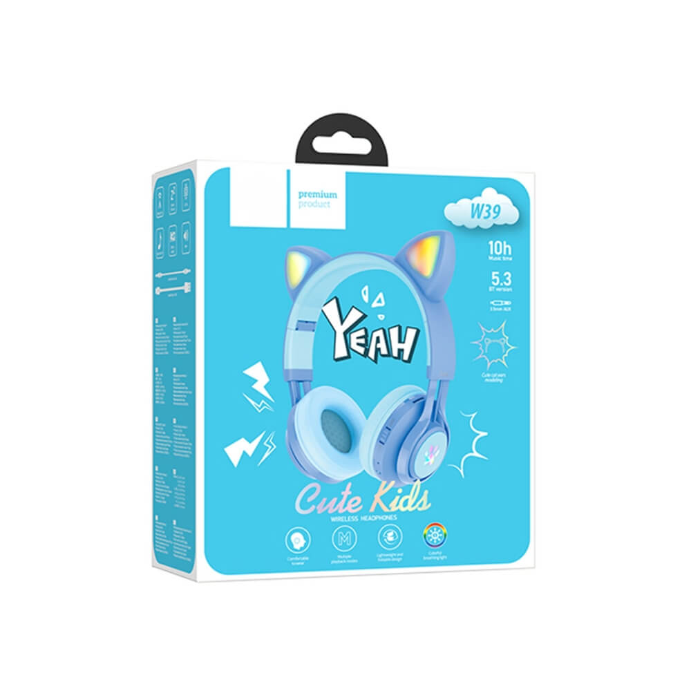 Casti Wireless Copii cu Urechi de Pisica, Pliabile, LED-uri RGB Distractive, Bluetooth, Microfon, Slot card, Functie Protectie Volum Copii, DigikalaX®, Conectare cablu AUX, Albastru Deschis
