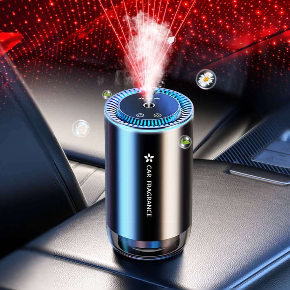 Odorizant auto cu Parfum DigikalaX®, Difuzor Aromaterapie Inteligent cu Senzori, 50ml, Proiectie de Stele, Lumini Ambientale, Reincarcabil USB, Hipoalergenic, Design elegant, Negru