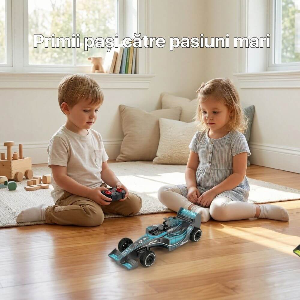 Mașină cu telecomandă RC 1:18, Model Formula 1, Curse și Viteză 10 km/h, Jucărie RC pentru copii 6+ ani, Negru/Albastru