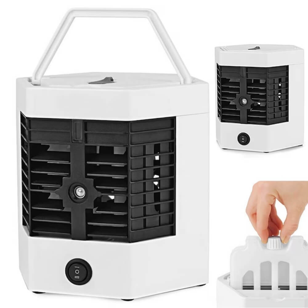 Mini Aer Conditionat Portabil USB, Racitor de Aer cu Rezervor de Apa, 2 Trepte de Viteza, Silentios, LED Ambiental, Include 2 Rezerve de Gheata si Cablu de Incarcare, Alb