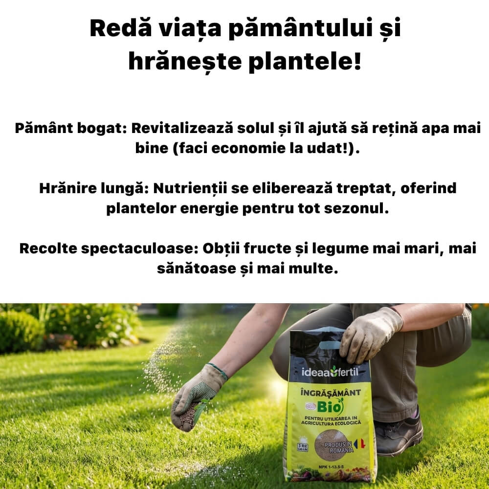 Ingrasamant Ecologic Universal IDEEAFERTIL, Granule, 5 kg, Certificat ECOCERT, Eliberare Lenta, pentru Legume, Fructe si Gazon, Produs in Romania