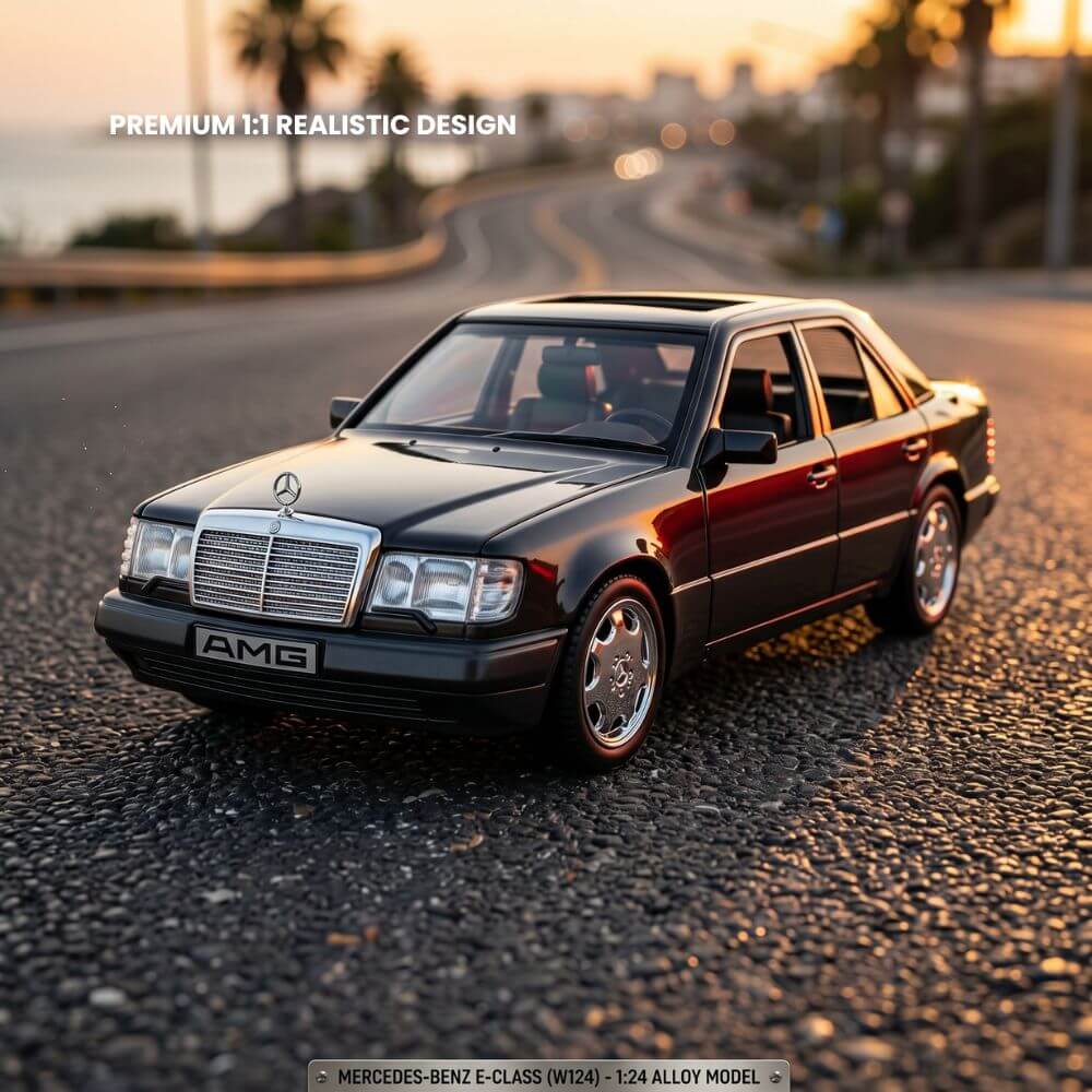 Mercedes-Benz E-Class W124 1:28 Masinuta Metalica cu Lumini si Sunete, Usi Functionale, Negru