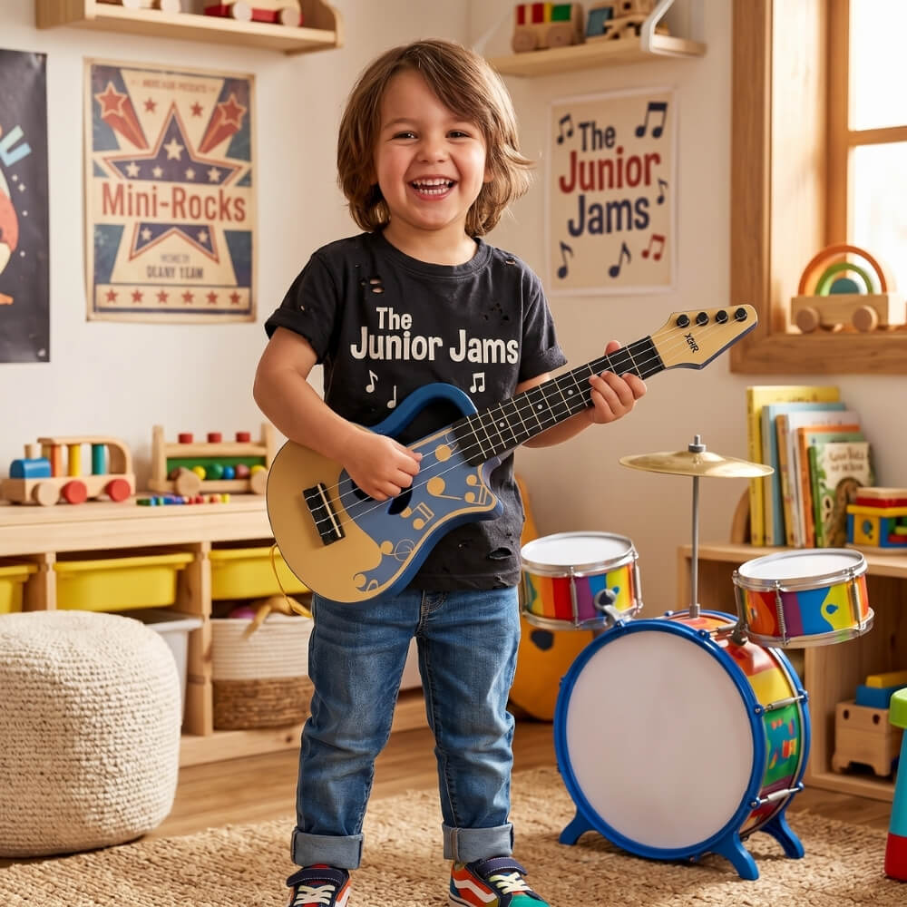 Chitara de Jucarie pentru Copii, Ukulele 4 Corzi, 45 cm, Instrument Muzical Educativ, Cadou pentru Baieti si Fete, Albastru-Bej