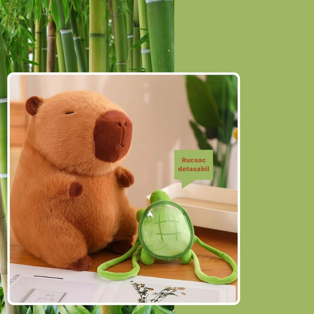 Jucarie de plus Capibara cu rucsac detasabil testoasa, 35 cm, Maro/Verde