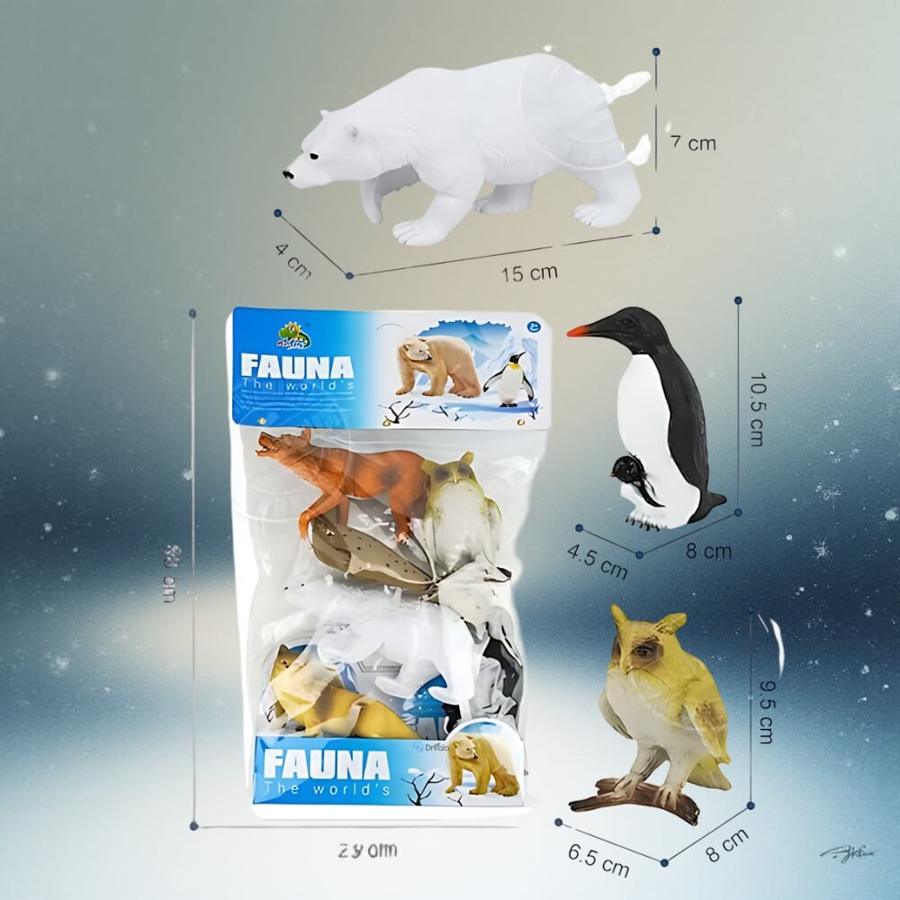 Figurine 6 piese mix animale exotice polare, Urs polar, Bufnita Polara, Foca, Pinguin, Vulpe roscata, 14 cm diagonala, multicolor