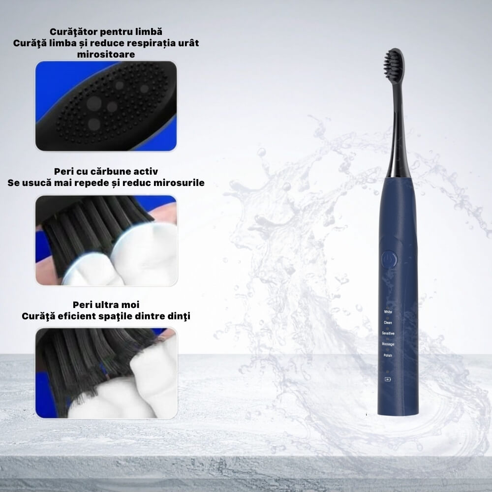 Periuta de dinti electrica, sonica, DrKala SG-540, Cu Carbune activ pentru albire, 5 Moduri, 8 Capete, pana la 42.000 vibrații/min, IPX7