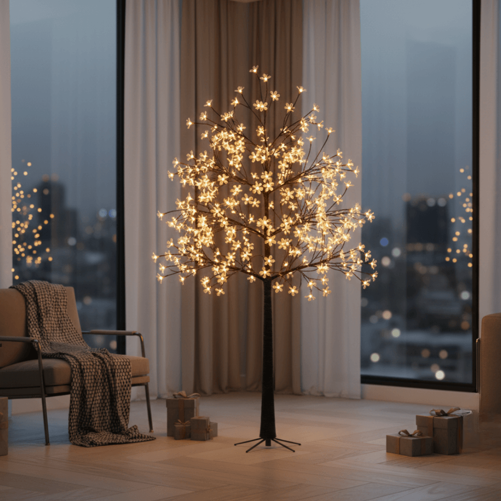 Pom Decorativ cu LED-uri și Telecomandă, Lumini Calde, Design cu Flori pentru Interior și Exterior, 125 cm