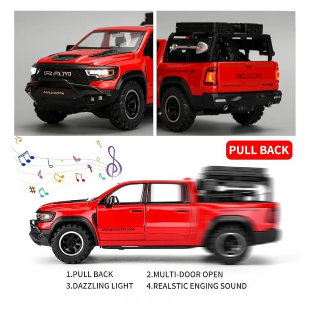 Masinuta Metalica Dodge RAM TRX Mammoth 1000, Scara 1:32, Usi Mobile, Functie Pull-Back, Negru/Rosu