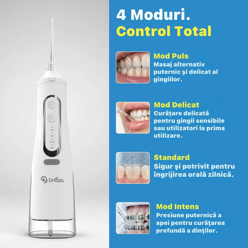 Irigator Bucal Profesional, DrKala®, Dus Bucal Portabil, 1600-1999 pulsatii/min, 4 Moduri, Memorie, Rezervor 310ml, 4 Duze, Alb