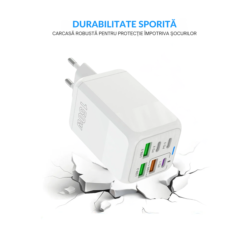 Incarcator Adaptor Retea, 6 porturi, 3 x USB, 3 x Type-C, 150W Fast Charge, LED, Alb