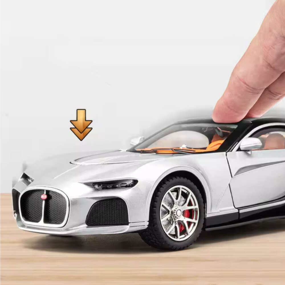 Masinuta Metalica de Colectie tip Bugatti, Scara 1:32, Usi Mobile tip Fluture, Include 2 Mini-Valize, Argintiu/Negru