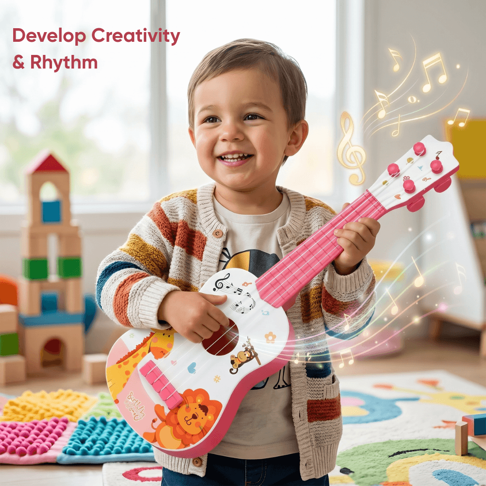 Chitara de Jucarie pentru Copii 3-8 Ani, Ukulele Mini 4 Corzi cu Animale, Cadou Baieti si Fete, Instrument Muzical Educational, 40 cm, Roz
