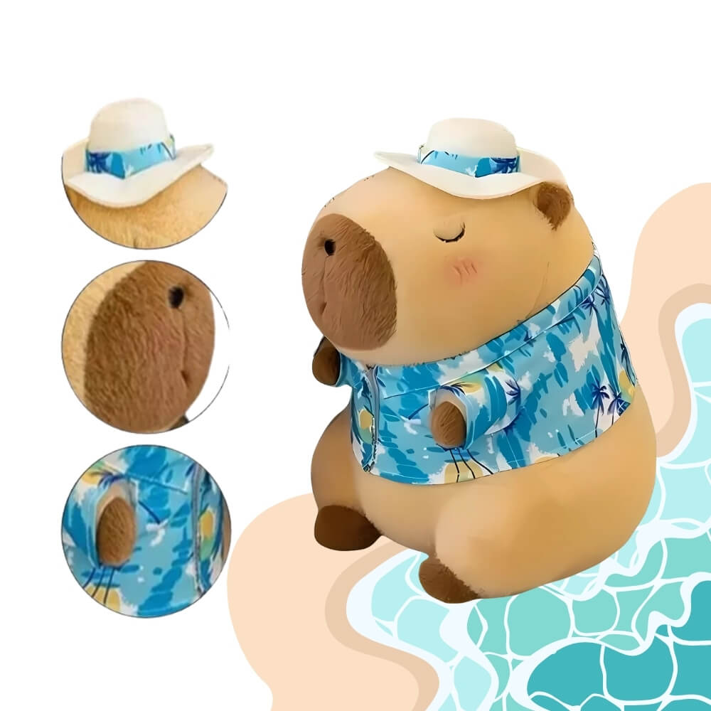 Jucarie de plus, Capibara cu camasa Hawaii, Patura inclusa, Blana Ultra-Moale, Maro/Albastru, 48 cm
