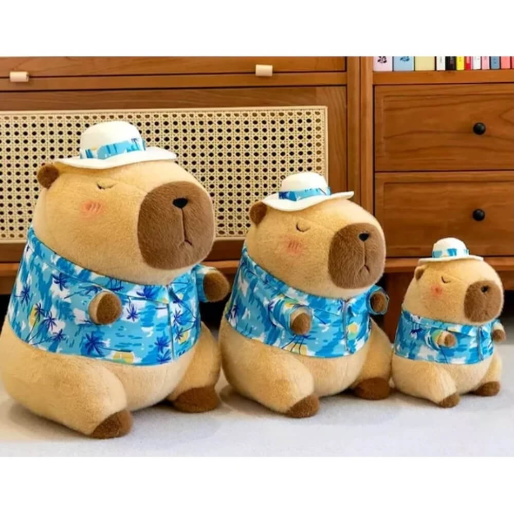 Jucarie de plus, Capibara cu camasa Hawaii, Patura inclusa, Blana Ultra-Moale, Maro/Albastru, 48 cm