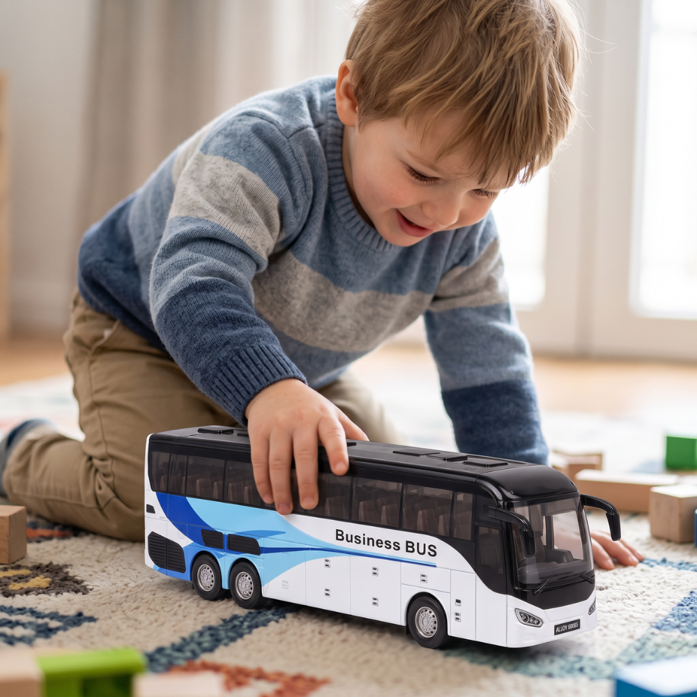 Autobuz Turistic de Jucărie din Metal 1:30, 26 cm, Lumini și Sunete, Uși și Portbagaj cu Deschidere, Alb/Albastru