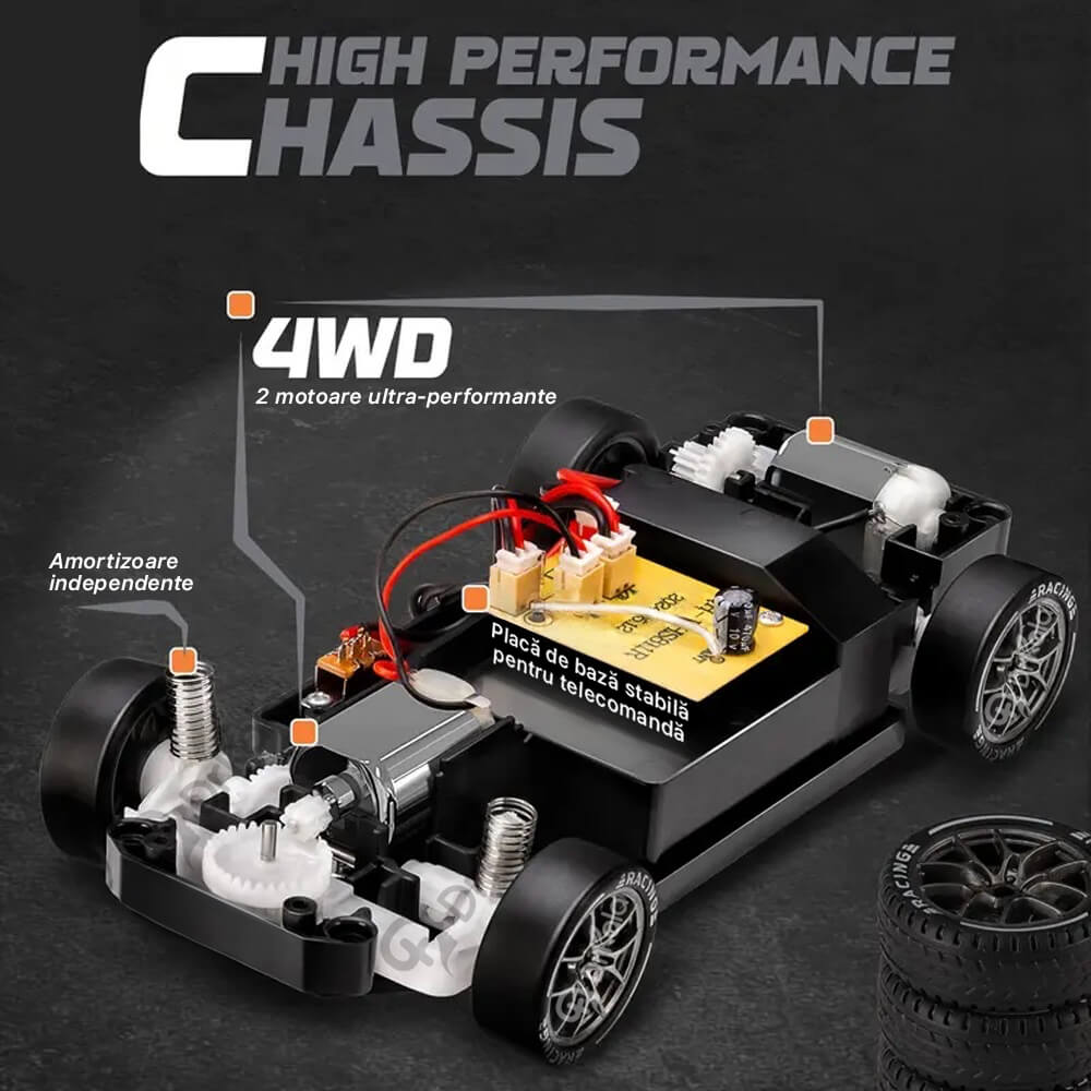 Masinuta cu Telecomanda, RC Drift Car, 1:24, 2.4GHz, 20 km/h, Tractiune Integrala, 2 Seturi Anvelope (Speed & Drift), Obstacole Incluse, Baterie Reincarcabila, Gri