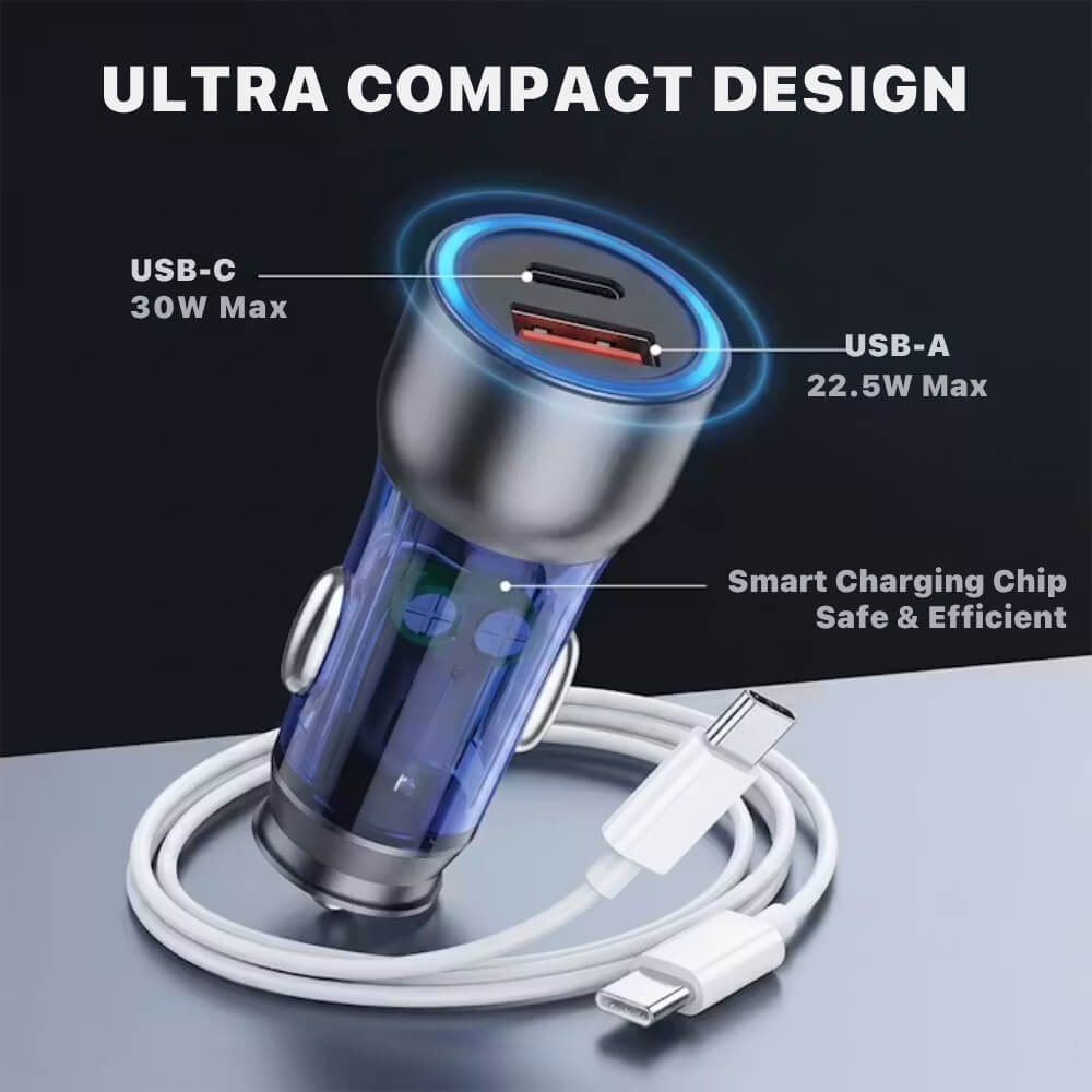 Incarcator Auto 52.5W USB-C PD 30W + USB-A QC 22.5W cu Cablu USB-C la USB-C 1m, Fast Charging, Incarcare Rapida Telefon, Tableta, Compact, Albastru/Gri