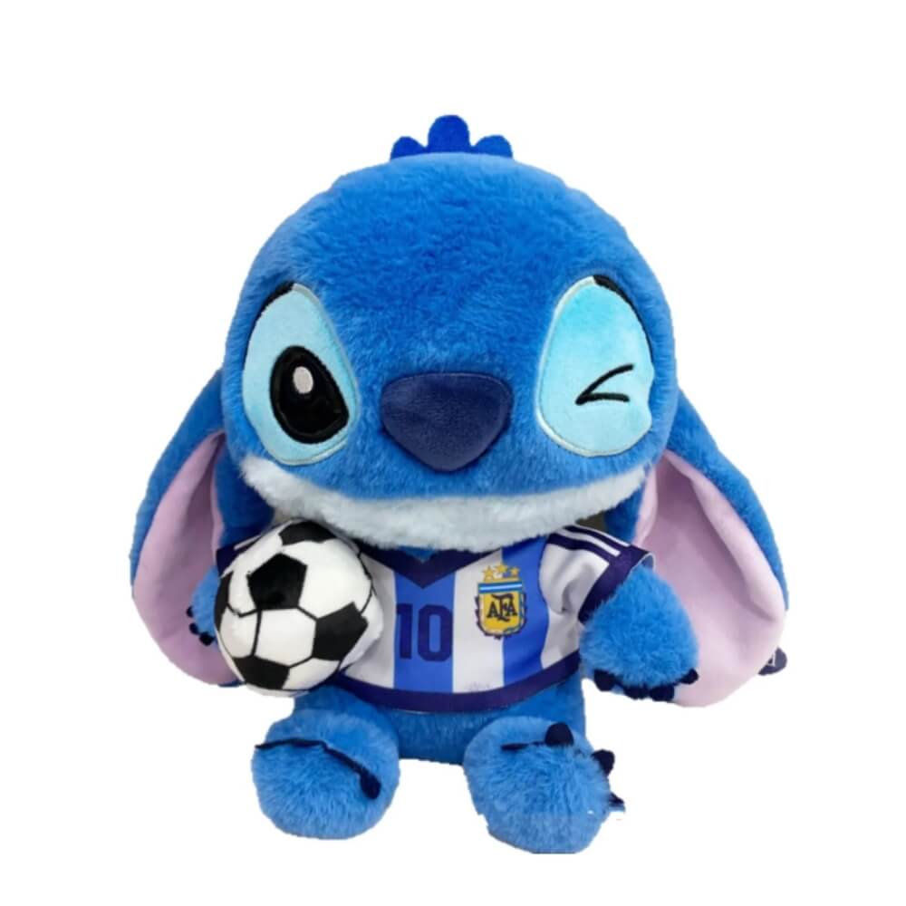 Jucarie de Plus Stitch Fotbalist 30 cm, Editie Speciala Campionatul Mondial, cu Minge si Tricou Nationala (Argentina, Brazilia, Italia, Croatia)