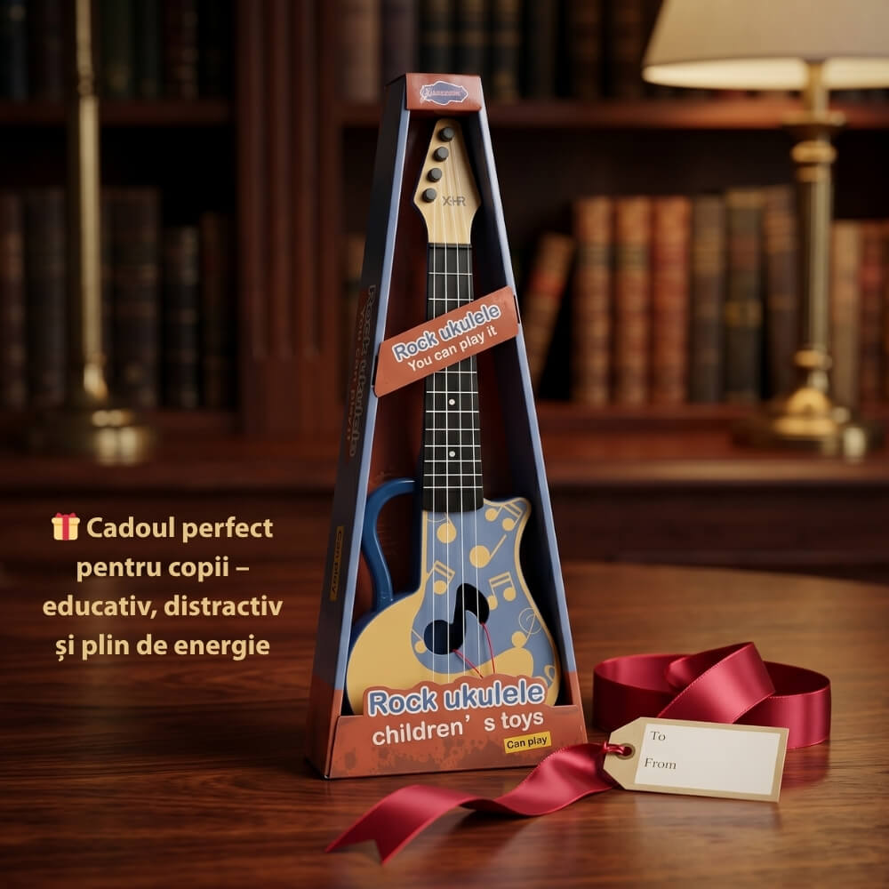 Chitara de Jucarie pentru Copii, Ukulele 4 Corzi, 45 cm, Instrument Muzical Educativ, Cadou pentru Baieti si Fete, Albastru-Bej