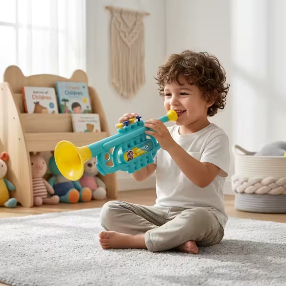 Trompeta Muzicala de Jucarie pentru Copii, 35 cm, Instrument Muzical Educativ, Sunete Interactive, Dezvolta Creativitatea si Simtul Ritmului, Cadou pentru Copii, Albastru