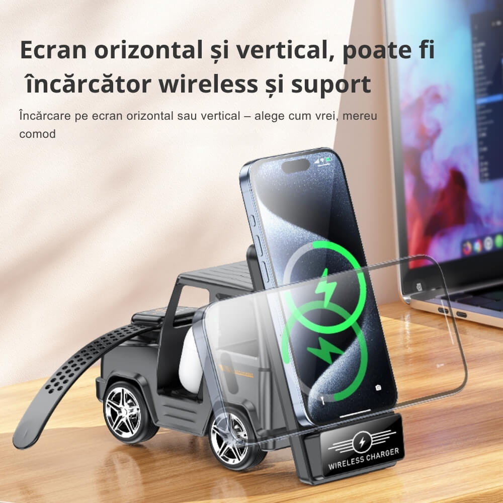 Incarcator Wireless DigikalaX®Qi, Model G-Wagon Design, Statie de Incarcare 3 in 1, Functie Incarcare rapida 15W, Compatibilitate Universala cu Apple, Samsung, Xiaomi, Huawei, Airpods, Apple Watch, Gri