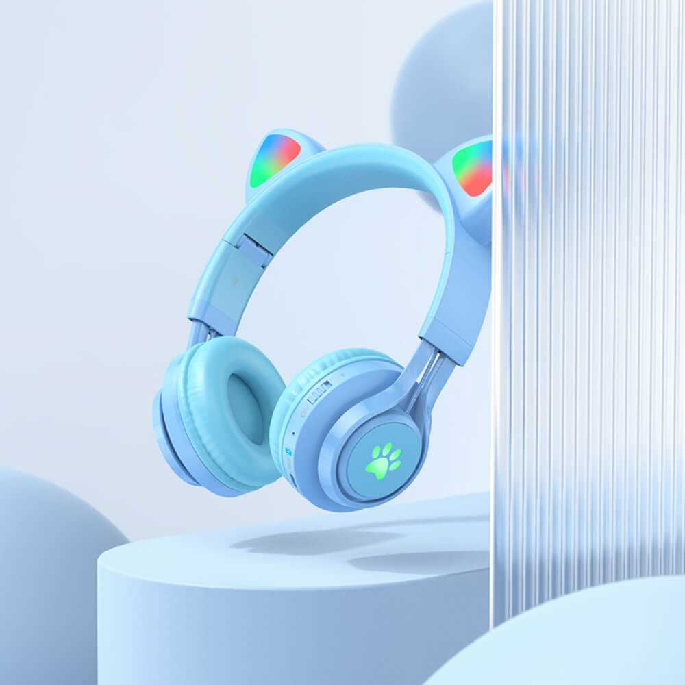 Casti Wireless Copii cu Urechi de Pisica, Pliabile, LED-uri RGB Distractive, Bluetooth, Microfon, Slot card, Functie Protectie Volum Copii, DigikalaX®, Conectare cablu AUX, Albastru Deschis