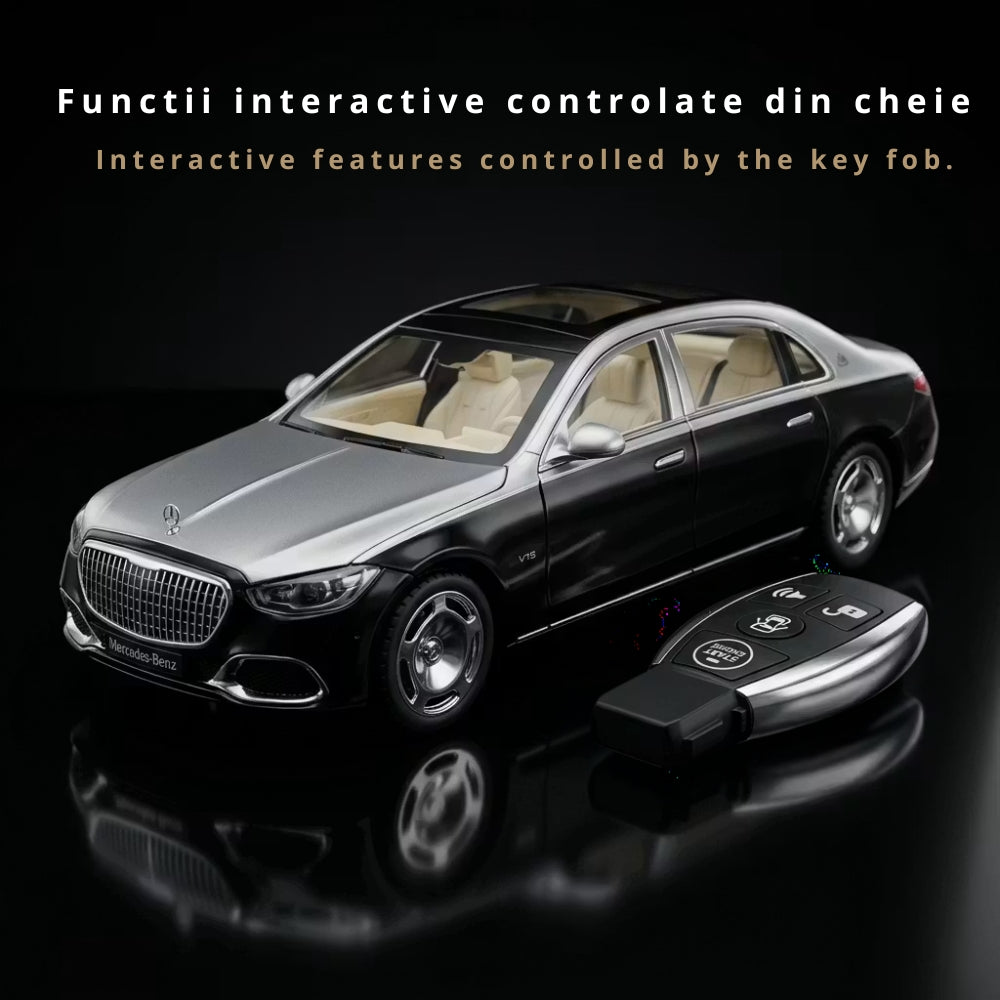 Masina Metalica Mercedes Maybach S-Class Scara 1:24, Telecomanda Tip Cheie, Deschidere Electrica Usi, Capota si Portbagaj Functionale, Lumini, Sunete, Cadou Colectionari, Negru/Argintiu