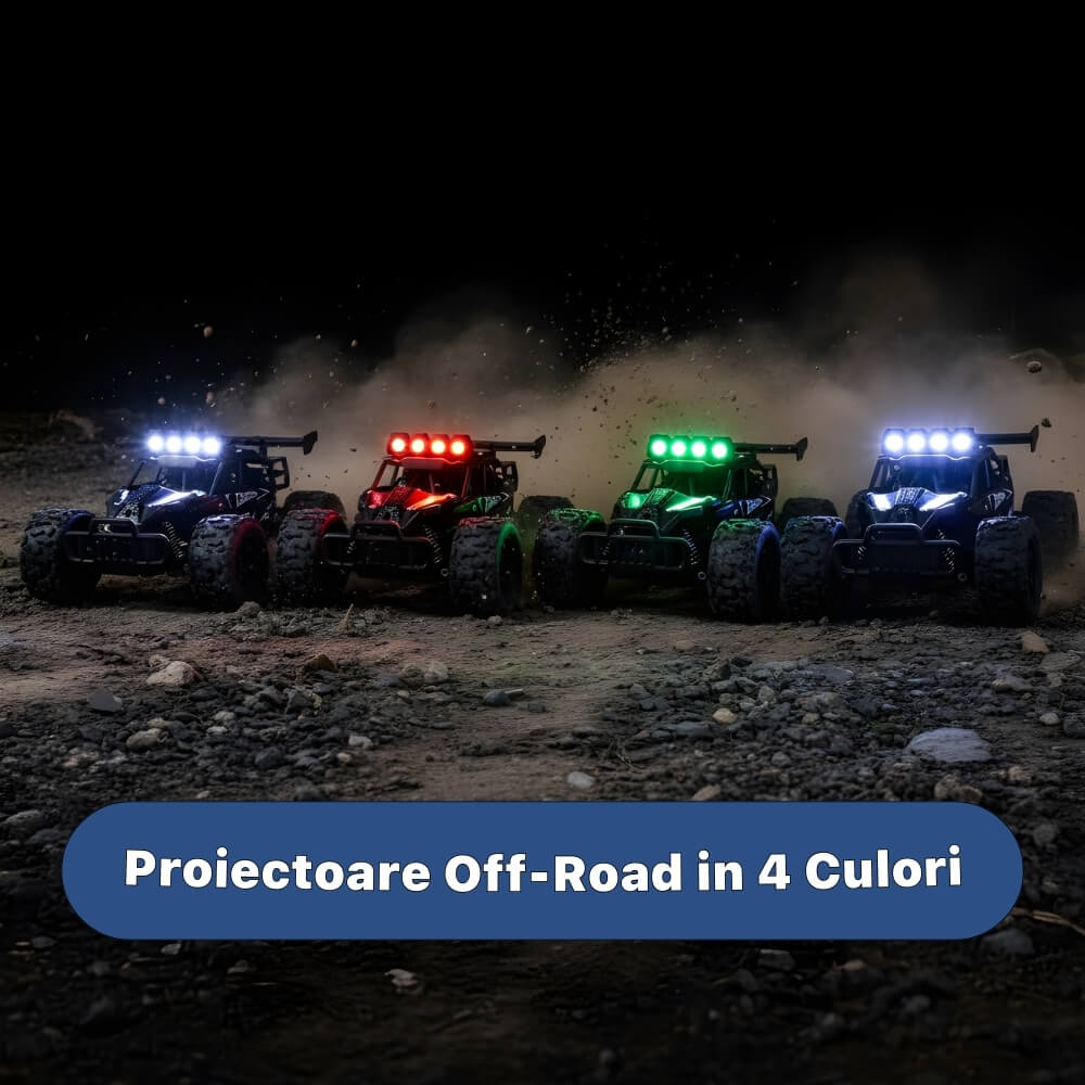 Mașinuță cu Telecomandă RC Off-Road 1:16, Viteză 20 km/h, Roți Mari All-Terrain, Lumini/Proiectoare LED, Telecomandă Tip Pistol, Acumulator Reîncărcabil Inclus, Jucărie pentru Copii 5+ Ani, Negru