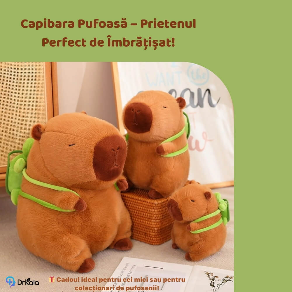 Jucarie de plus Capibara cu rucsac detasabil testoasa, 35 cm, Maro/Verde