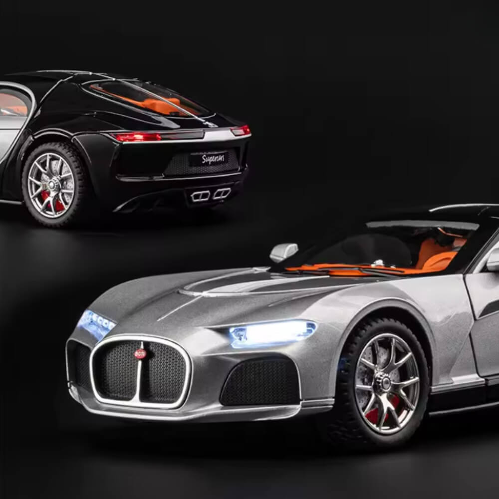 Masinuta Metalica de Colectie tip Bugatti, Scara 1:32, Usi Mobile tip Fluture, Include 2 Mini-Valize, Argintiu/Negru