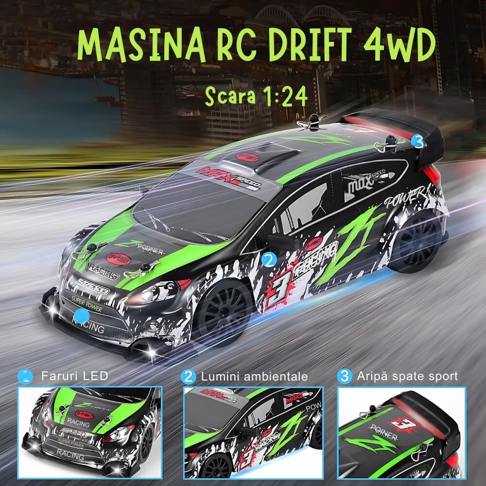 Masinuta cu Telecomanda, Model Ford Rally, RC Drift Car, 1:24, 2.4GHz, Tractiune Integrala, 2 Seturi Anvelope (Speed & Drift), Obstacole Incluse, Baterie Reincarcabila, Verde/Negru