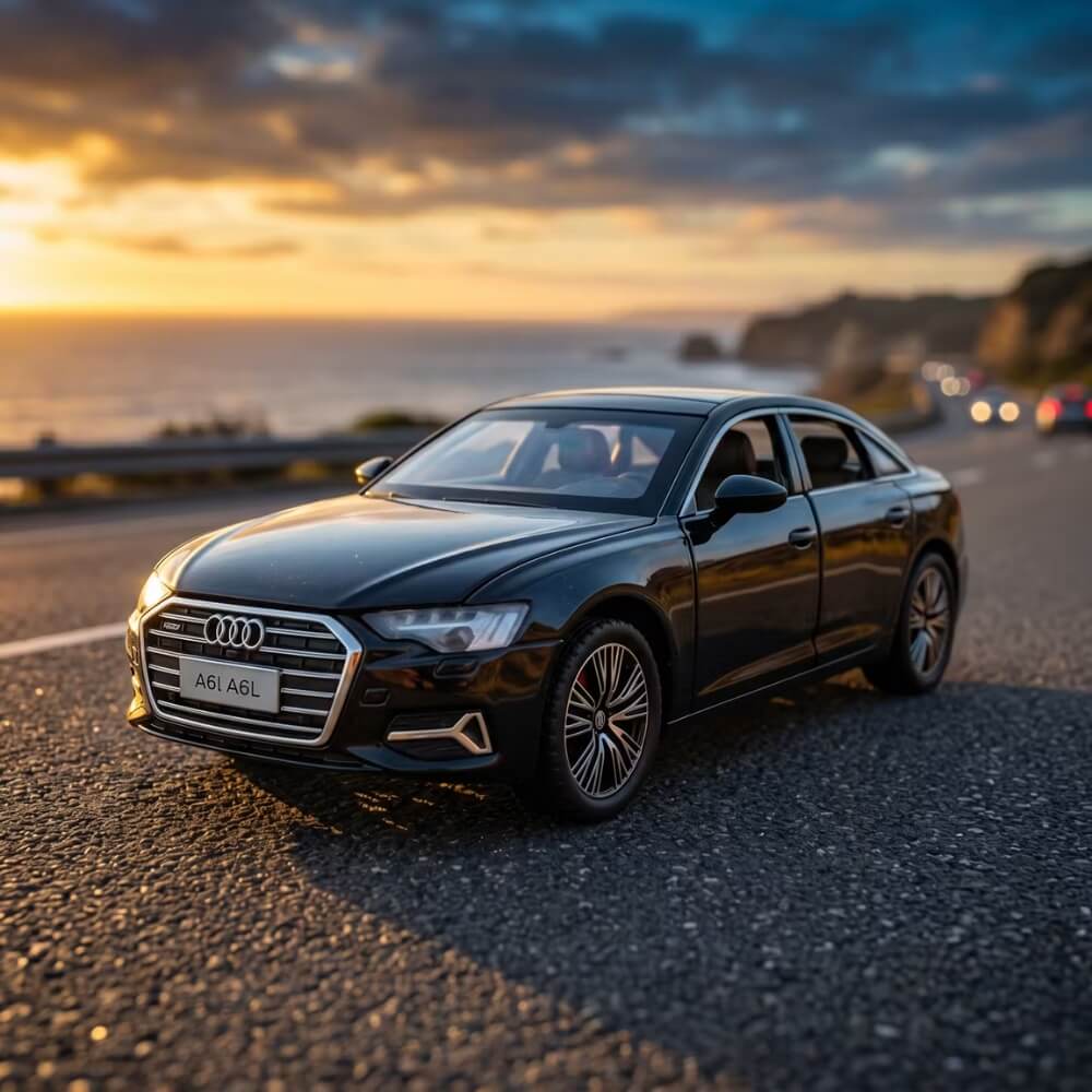 Macheta Auto Audi A6L 1:32, Masinuta Metalica Die-Cast, Usi si Capota Functionale, Model de Colectie pentru Copii si Adulti, Negru