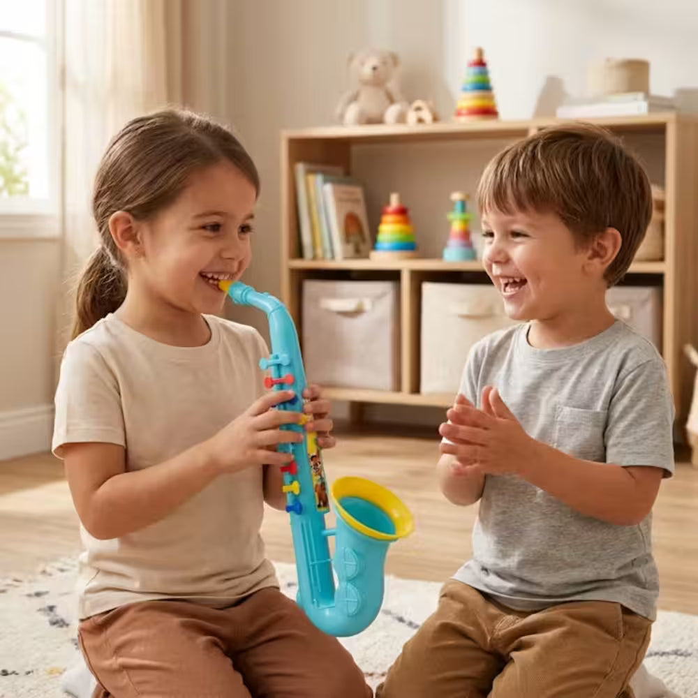 Saxofon Muzical de Jucarie pentru Copii, 36.5 cm, Instrument Muzical Educativ, Sunete Interactive, Dezvolta Creativitatea si Simtul Ritmului, Cadou pentru Copii, Albastru Deschis